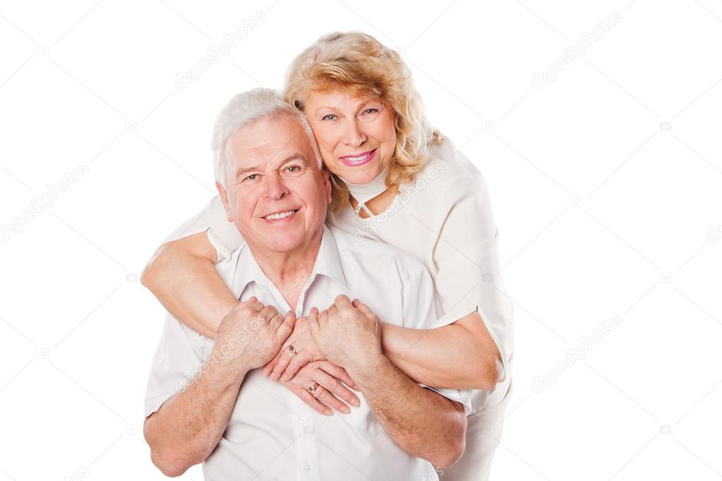Portrait of happy senior couple portrait. Isolated on white background.