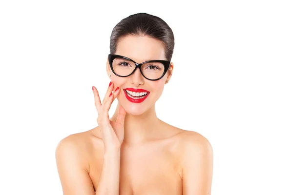 Aantrekkelijke sexy lachende vrouw met trendy bril — Stockfoto