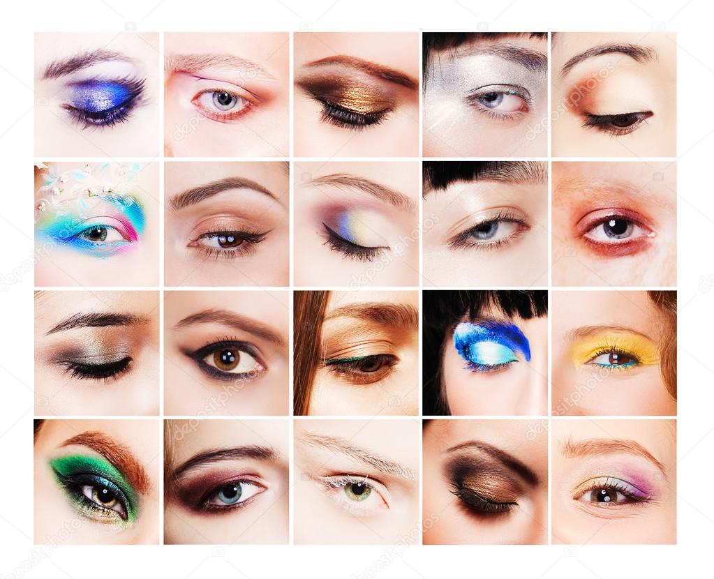 Collage of many different and beautiful female eyes with creative colorful makeups