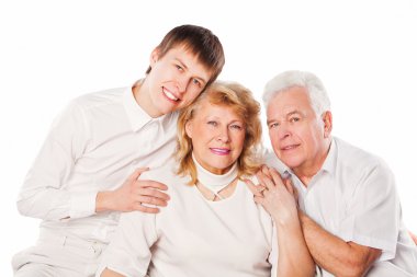 Happy smiling family. Elderly parents with son. Isolated on white background. clipart