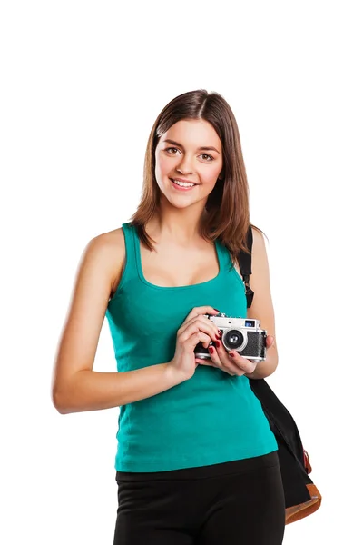 Jonge Kaukasische vrouw met camera geïsoleerd op witte achtergrond — Stockfoto