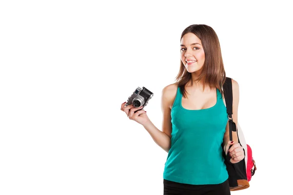 Mooie jonge vrouwelijke student poseren met notebooks en camera. Foto cursussen — Stockfoto
