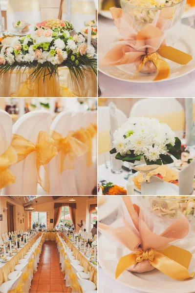 Collage collection of gold wedding details from ceremony and reception — Stock Photo, Image