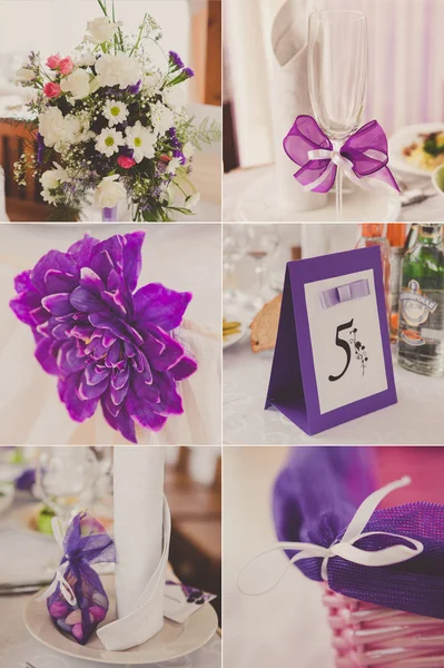 Collage of wedding pictures decorations in purple, violet colour — Stock Photo, Image