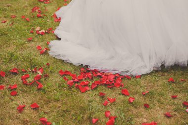 Gelin etek kırmızı gül yaprakları ile dolu.