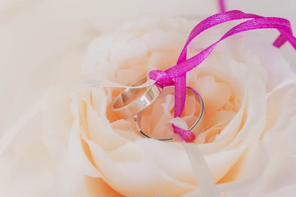 Anillos de boda en una almohada de satén blanco —  Fotos de Stock