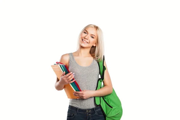 College sorridente studentessa con libro e borsa isolato — Foto Stock