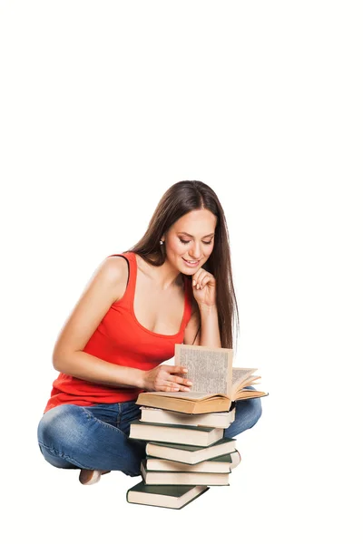 Menina estudante bonita com livros. Isolado em branco — Fotografia de Stock