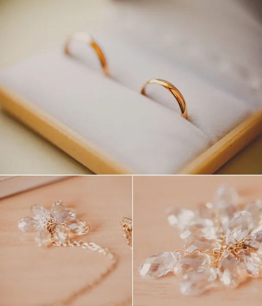 Свадебный коллаж - свадебные аксессуары и золотые кольца — стоковое фото