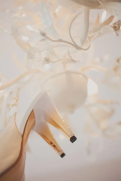 Nahaufnahme von modischen Brautschuhen mit eleganten weißen Hochzeitsschuhen — Stockfoto