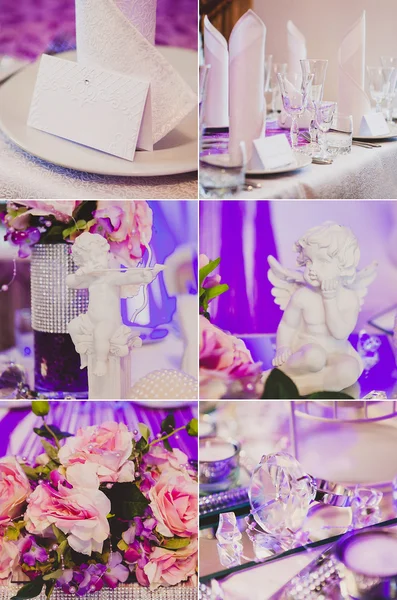 Collage collection of violet, purple wedding table decoration details — Stock Photo, Image