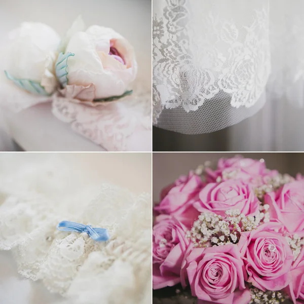 Wedding collage with bridal accessories, brides bouquet and dress — Stock Photo, Image