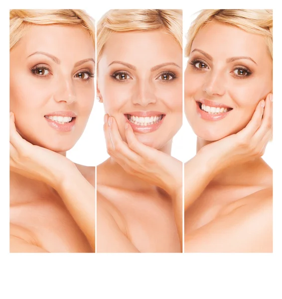 Collage einer schönen lächelnden Frau mit perfekt sauberer Haut — Stockfoto