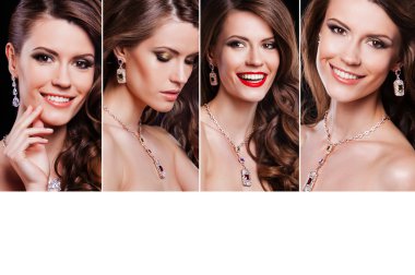 Mükemmel makyaj takı giyen güzel mutlu kadınla güzellik kolaj. moda modeli