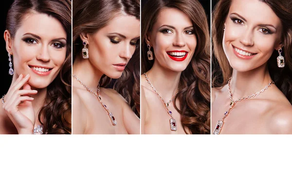 Collage beauté de belle femme heureuse avec un maquillage parfait portant des bijoux. modèle de mode — Photo