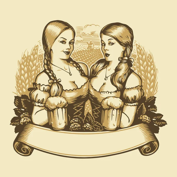 Брюнетка и блондинка красивые девушки с пивом день святого Патрика вектор — стоковый вектор