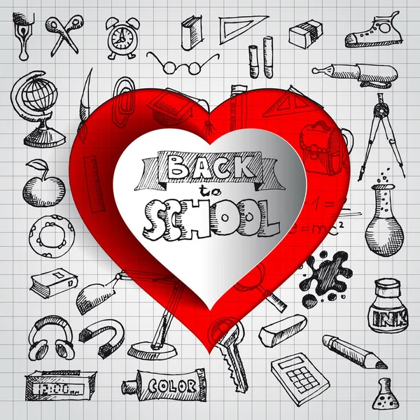 Volver a la escuela con el corazón rojo cortado en papel — Vector de stock