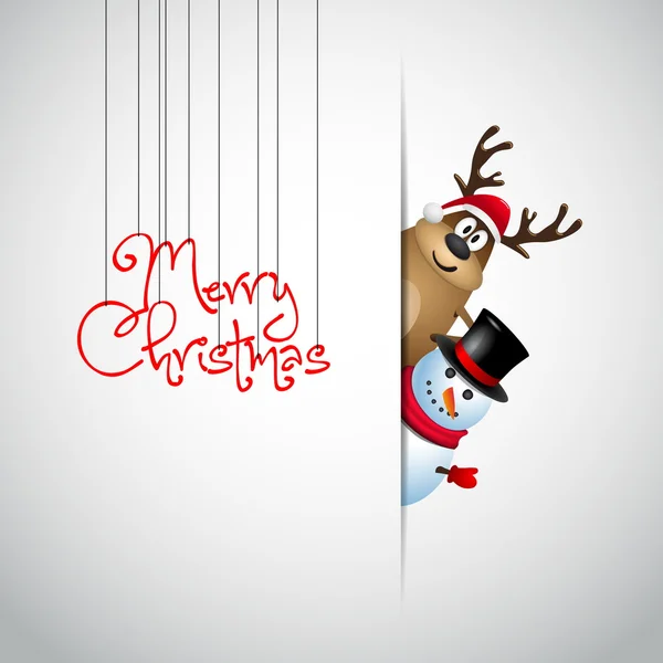 Cartão de felicitações de Natal com renas e boneco de neve — Vetor de Stock