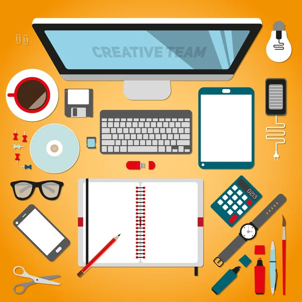 Espacio de trabajo de oficina creativo con computadora — Vector de stock