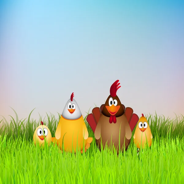 Funny chicken family in grass — Stock Vector