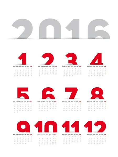 Modèle de calendrier 2016 simple — Image vectorielle
