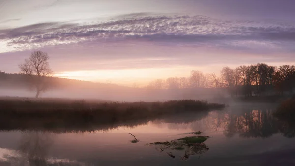 Autumn Landscape Fog River Sky Rising Sun — Stock Photo, Image