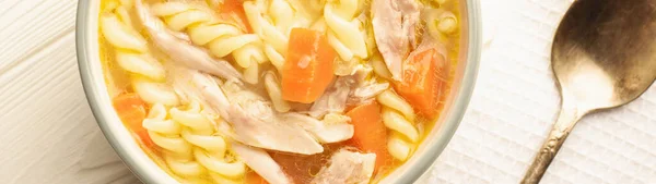 Close Bowl Chicken Noodle Soup Spoon Banner — Stock Photo, Image