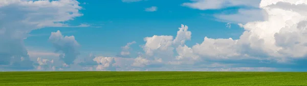 Blue sky with clouds and green grass field panoramic banner.