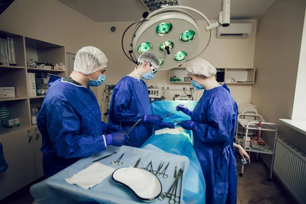 Een Team Chirurgen Een Blauw Uniform Opereert Een Patiënt Een — Stockfoto