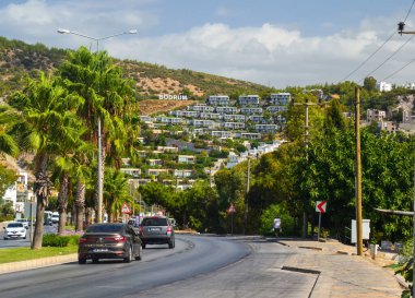 BODRUM, TURKEY - 24 Eylül 2020: Otomobilleri ve uzun palmiyeleri olan ana yol (yol). Geleneksel beyaz evlerin güzel manzarası. Şehir manzarası. hindi tatili