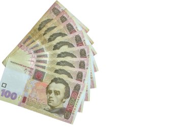 100 Ukrayna Hryvnia banknotunun hayranıyım. Modern Ukrayna parası - beyaz arka planda izole edilmiş gryvnjia. - Evet. Bedava fotokopi. İş ve finans kavramı 
