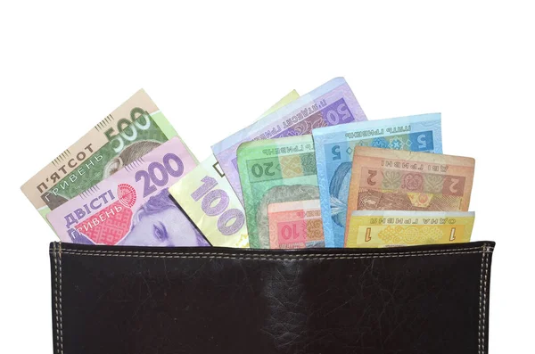 Tüm mezheplerin Ukrayna parası - 1,2,5,10,20,50,100,200, 500 banknot (banknotlar) deri cüzdan. Beyaz arka planda izole edilmiş. - Evet. Para ve finansal konsept