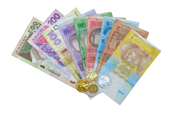 Ukrayna 'nın tüm banknotları - 1,2,5,10,20,50,100,200, 500 banknot ve 5, 10, 25, 50 sikke. Modern Ukrayna parası - beyaz arka planda izole edilmiş Hryvnia. - Evet. Bedava fotokopi. İş ve finans kavramı 