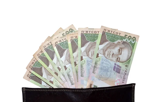 500 Hryvnia banknotunun (banknotlar) beyaz arka planda izole edilmiş deri cüzdan içinde Ukrayna parası. Metnin için boş yer. Para ve finansal konsept