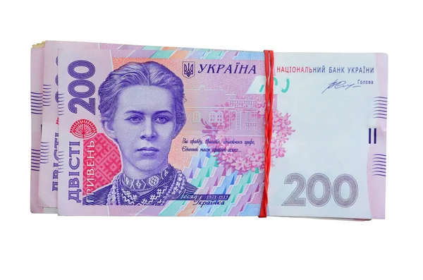 Beyaz arka planda izole edilmiş 200 Hryvnia üzerinde bir yığın Ukrayna parası. - Evet. Bedava fotokopi. İş ve finans kavramı. Üst görünüm