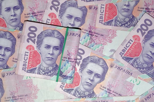 Ukrayna parası (UAH). 200 Hryvnia 'ya 200 Hryvnia destesi. İş ve finans kavramı