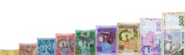Ukrayna parasından yapılan para basamakları - Hryvnia (UAH) banknotları: 1,2,2,5,10,20,50 100, 200, 500 beyaz arka planda izole edilmiş. İş büyümesi kavramsal arka plan