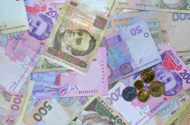 Birçok Ukrayna para banknotları çeşitli mezhepler ve renkler ve paralar Modern Ukrayna parası - Hryvnia. - Evet. Para arkaplanı