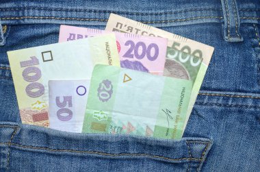 Birçok Ukrayna para banknotları çeşitli mezhepler ve renkler (UAH) arka cebinde mavi kot pantolon. Para kavramı
