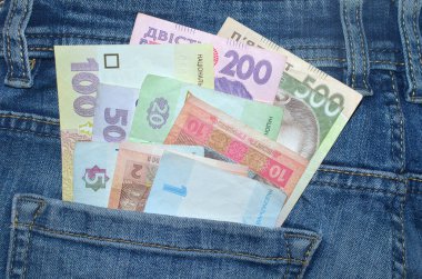 Birçok Ukrayna para banknotları çeşitli mezhepler ve renkler (UAH) arka cebinde mavi kot pantolon. Para kavramı