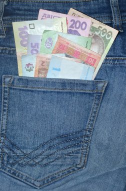 Birçok Ukrayna para banknotları çeşitli mezhepler ve renkler (UAH) arka cebinde mavi kot pantolon. Para kavramı