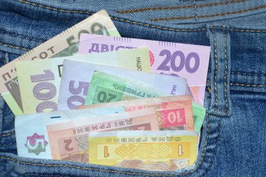 Birçok Ukrayna para banknotları çeşitli mezhepler ve renkler (UAH) hryvnia ön cebinde kot pantolon. Para kavramı