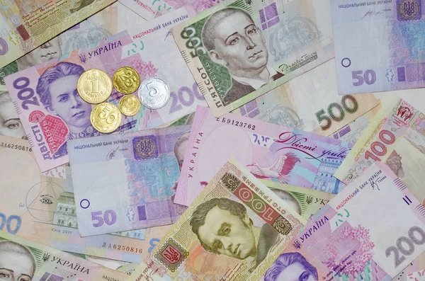 Viele Ukrainische Geldscheine Verschiedener Stückelungen Und Farben Und Münzen Modernes — Stockfoto