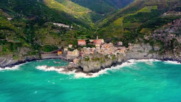 Vista Aérea Aldeia Vernazza Famosa Cidade Cinque Terre Ligúria Norte — Vídeo de Stock