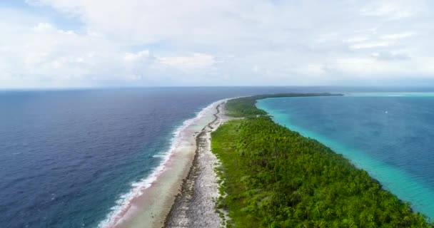 フランス領ポリネシアの曇った空の下のファカラヴァ島 ヤシの木やターコイズブルーの水の下での休日や観光に最適です 太平洋の環礁 ユネスコの世界遺産 旅行熱帯の概念 航空ビュー — ストック動画