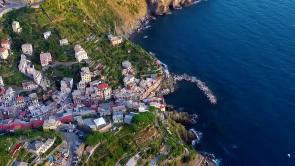 意大利Cinque Terre海岸Manarola村 日落下 马那罗拉是意大利北部利古里亚的一个小镇 从意大利海岸可以看到它的雄伟壮丽 空中无人驾驶飞机视图 — 图库视频影像