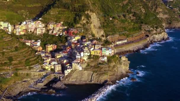 Letecký Pohled Vesnici Manarola Pobřeží Cinque Terre Itálii Velkolepý Pohled — Stock video