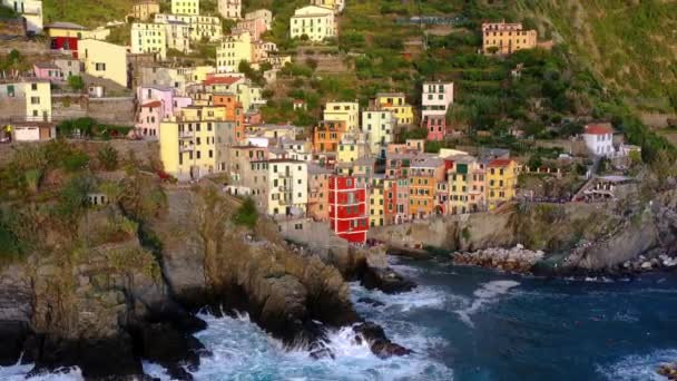 Vesnice Manarola Vzdušném Výhledu Cinque Terre Pobřeží Itálie Manarola Malé — Stock video