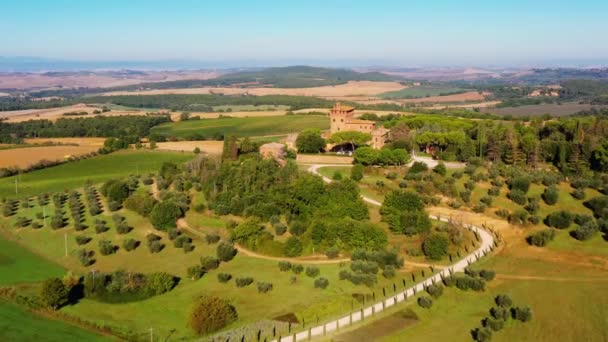 Aldeia Italiana Monticchiello Toscana Itália Drone Voando Sobre Magnífica Aldeia — Vídeo de Stock