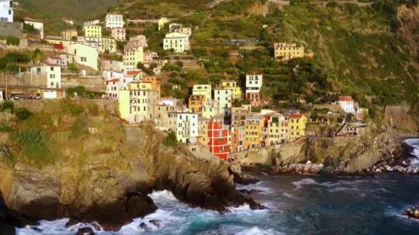 Pueblo Manarola Vista Aérea Costa Cinque Terre Italia Manarola Una — Vídeo de stock